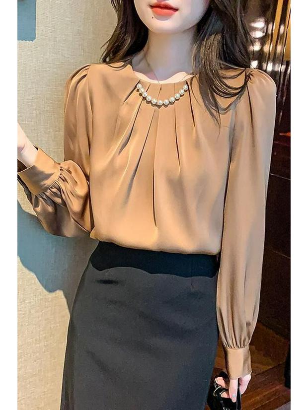 2025 Spring Women's Professional Chiffon Round Neck Long Sleeve Shirt – Trendy and Versatile OL Style