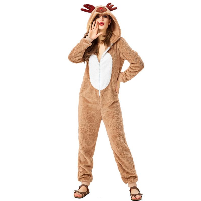 Adult Women Animals Elk Christmas Reindeer Velvet Hooded Jumpsuit New Year Halloween Role Play Dress Up Cosplay Costume