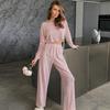 Women Comfortable Breathable Knitted Cropped Long Sleeve Long Pants Two Piece Sleepwear Loungewear