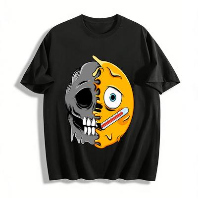 Half Skull Fever Emoji Print Trendy Casual Short Sleeve T-Shirt Pure Cotton T-shirt
