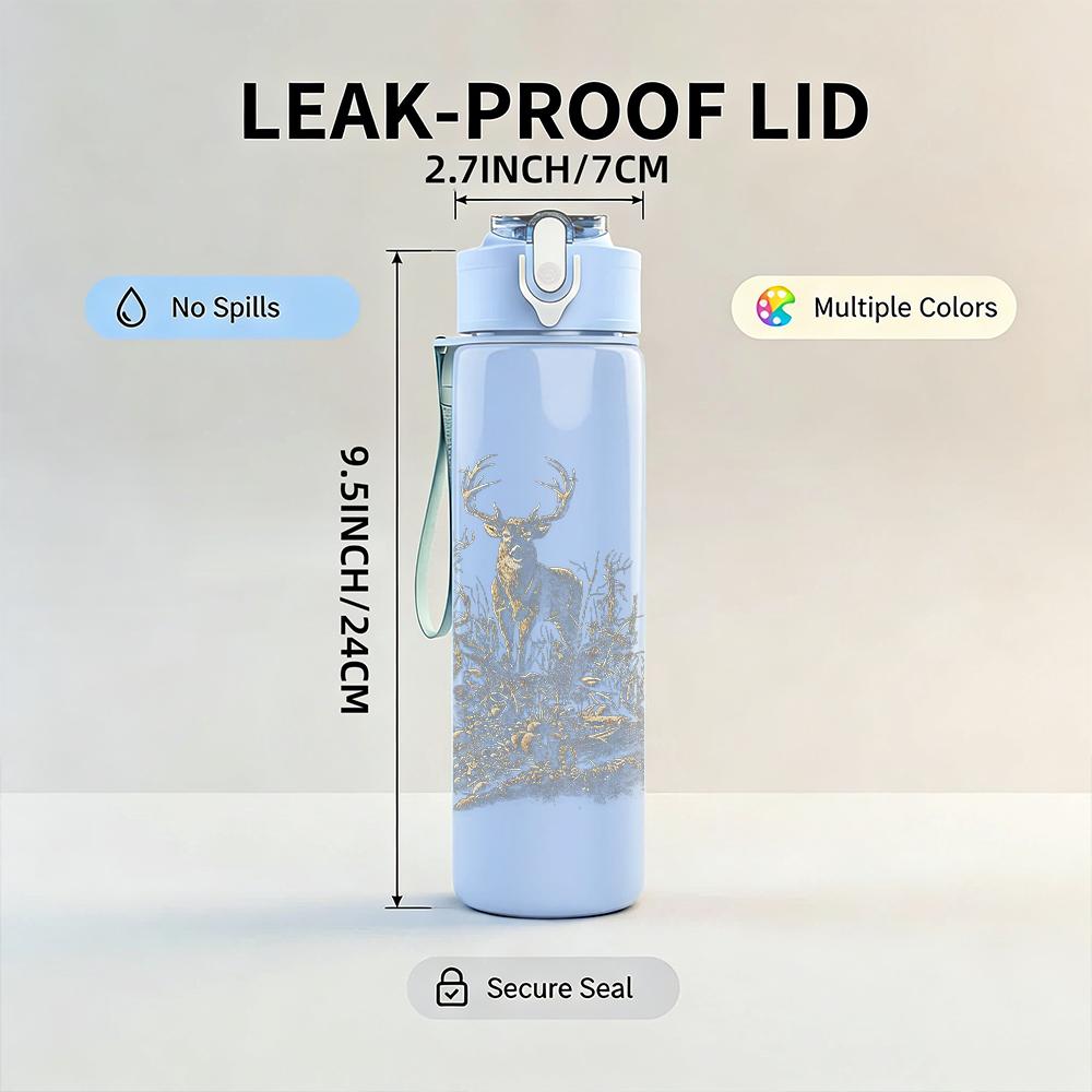 1PC Faint deer animal sketch print 750ml colorful plastic sports water bottle leakproof pop up lid with straw for outdoor work home use