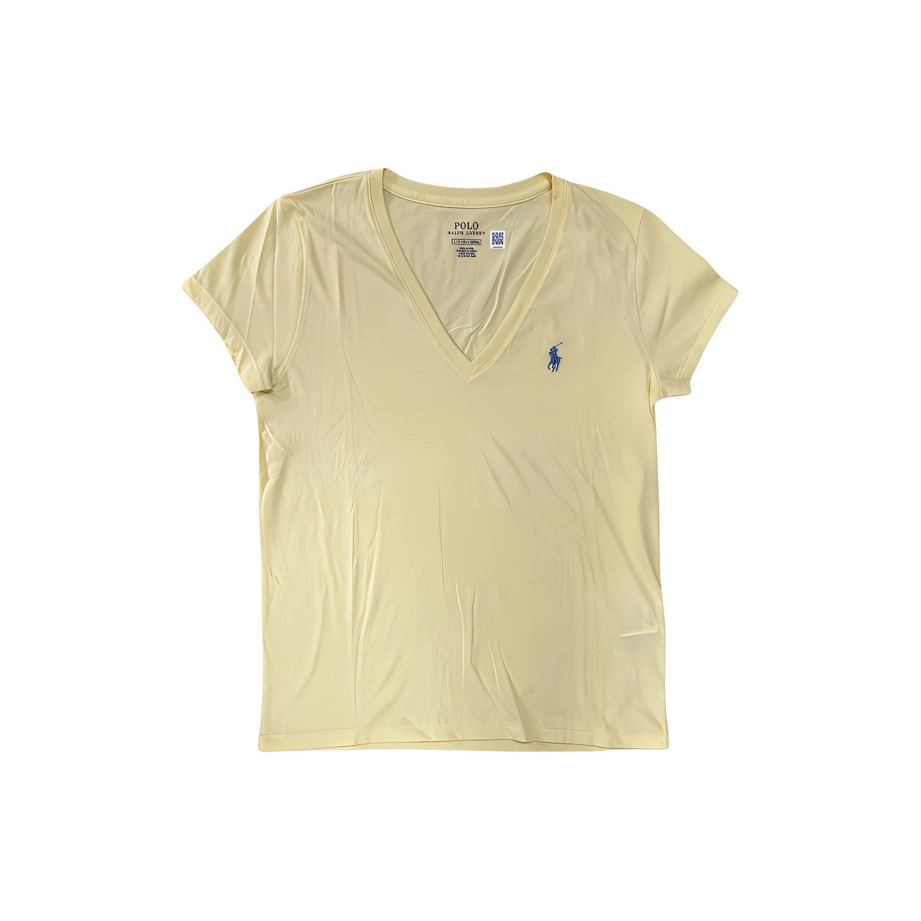 

Polo Ralph Lauren однотонная футболка с вышитым логотипом и V-образным вырезом, короткий рукав, женские топы, желтый цвет 211682523-089 S