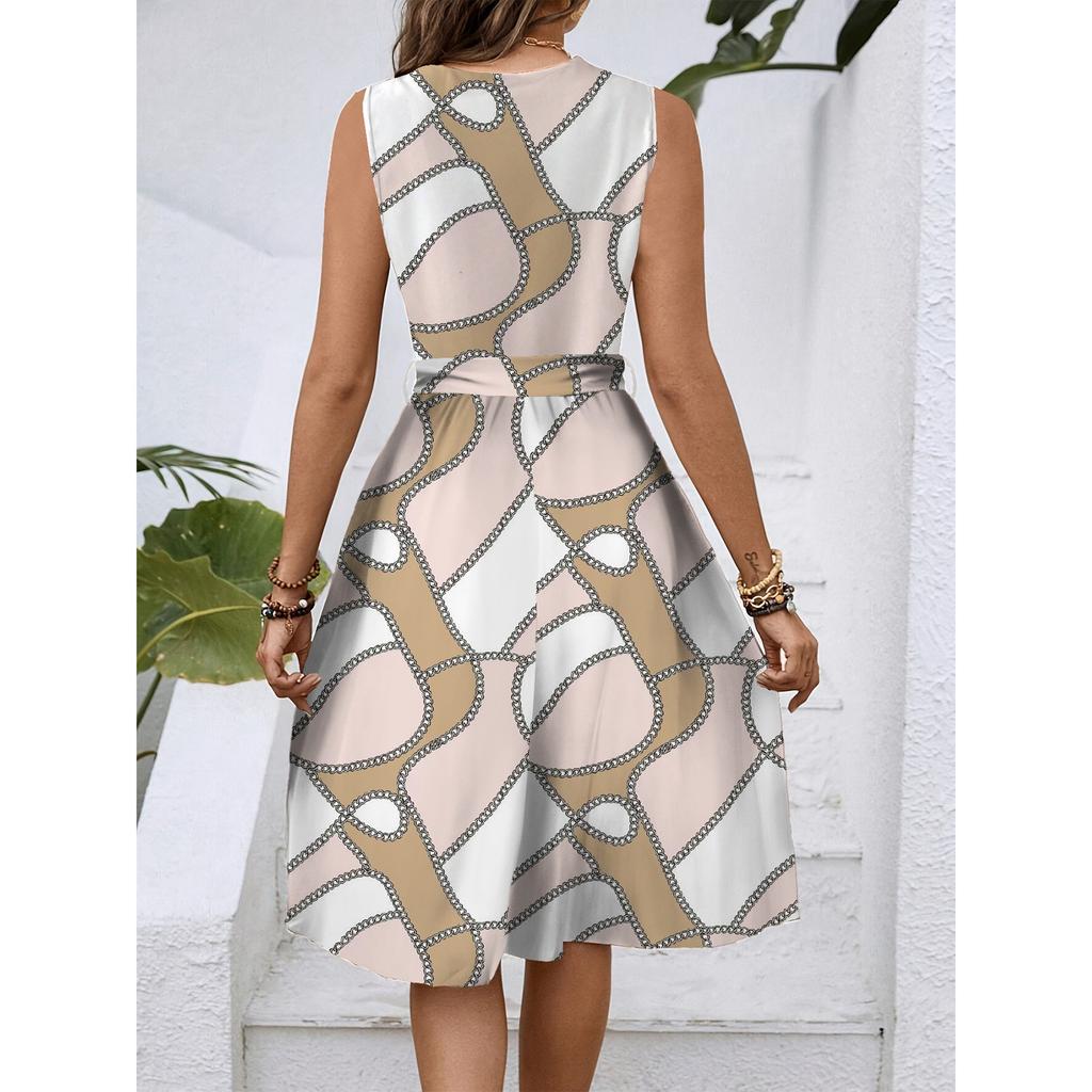 Damen Frühling und Sommer Casual V-Ausschnitt Ärmellose Taille Blumendruck Midikleid