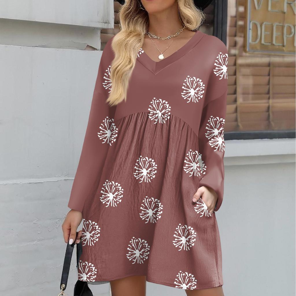 Women's Fashion Floral Print V-Neck Long Sleeve Dress