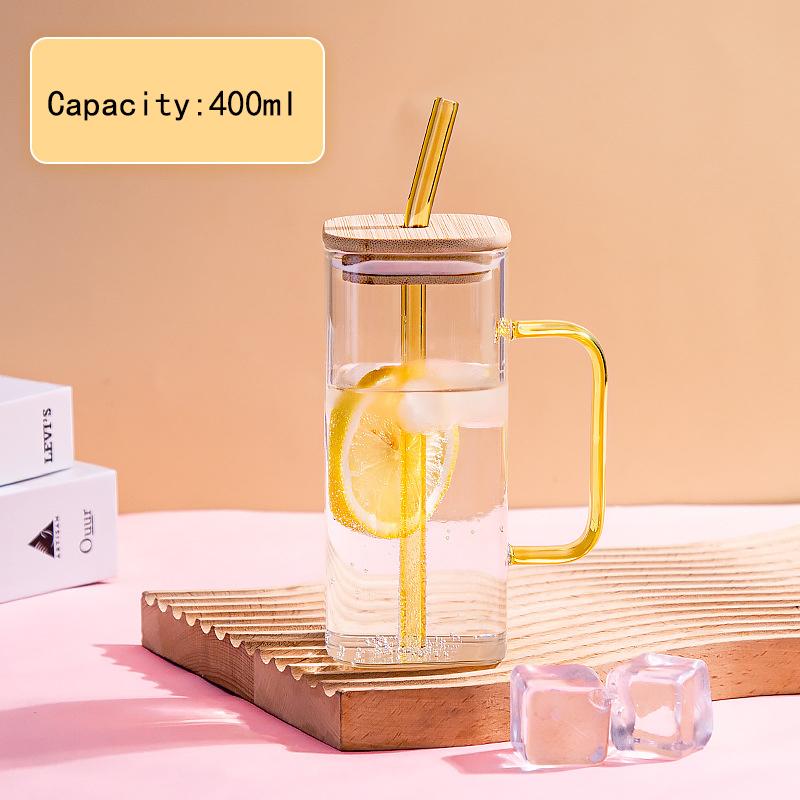 400ML Wide Mouth Mason Jar Drinking Glasses with Bamboo Lids & Straws And Square Color Handle Cup Beer Iced Coffee