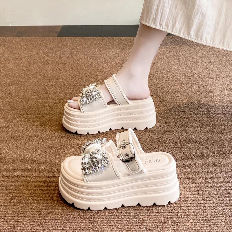 New Women's Summer Outdoor Thick Bottom Slip-On Slippers 8.5CM Butterfly Knot High Heels Bling Diamond Shoes Ladies Flat Sandals