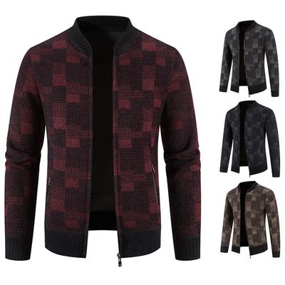 Toamnă și iarnă Cardigan tricotat din lână pentru bărbați, la modă, cu guler de baseball, Jachetă pentru bărbați, ocazional, în carouri