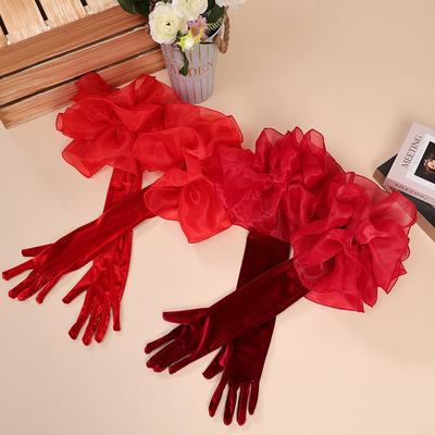 1pair 55cm Black Long Sleeved Gloves Red Velvet Gloves Velvet Flower Shape Gloves