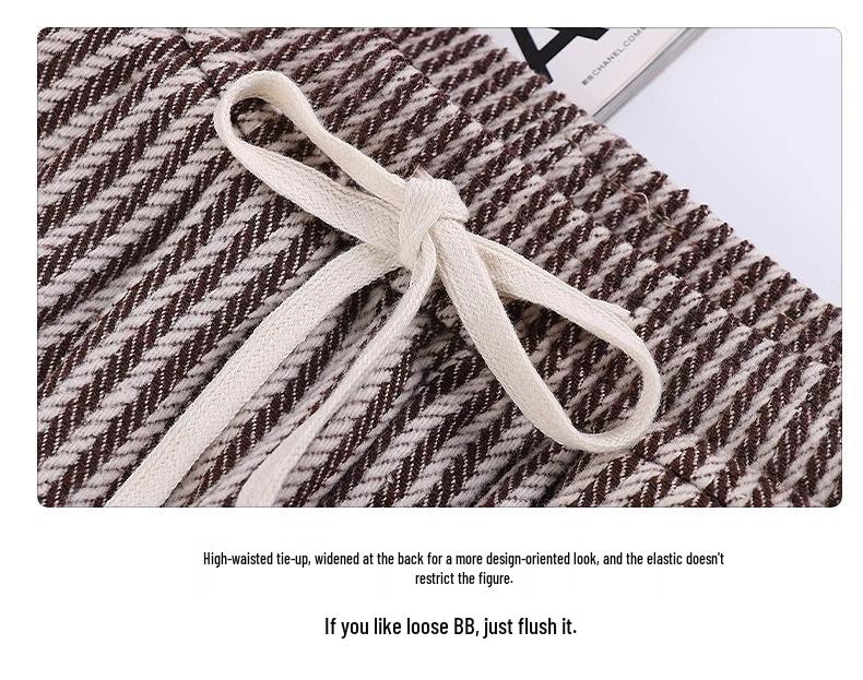 High Waist Pinstripe Wool Wide Leg Pants for Petite Women - Korean Style, Brown, Fall/Winter