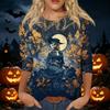 Women's Casual Halloween Printed T Shirt Crew Neck Three Quarter Sleeve Top Witch and Moon Graphic Design