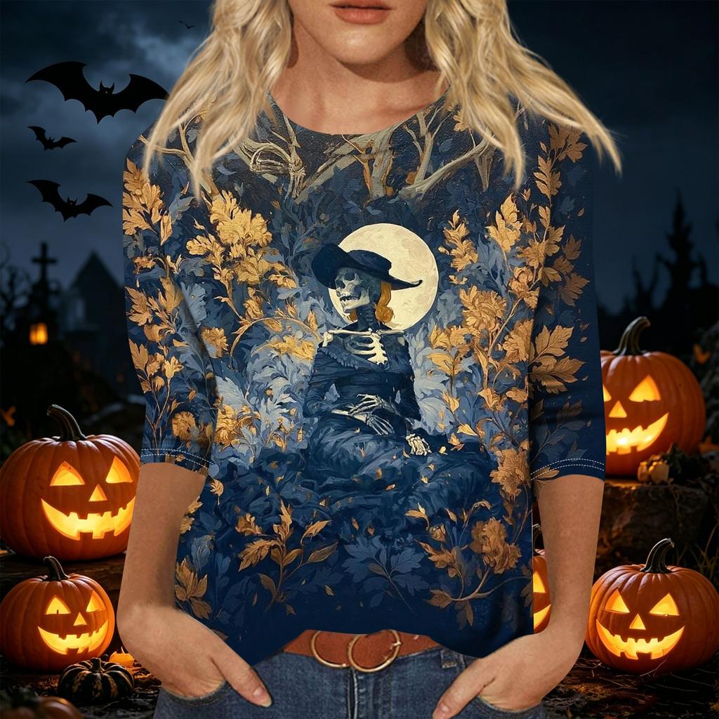 Women's Casual Halloween Printed T Shirt Crew Neck Three Quarter Sleeve Top Witch and Moon Graphic Design