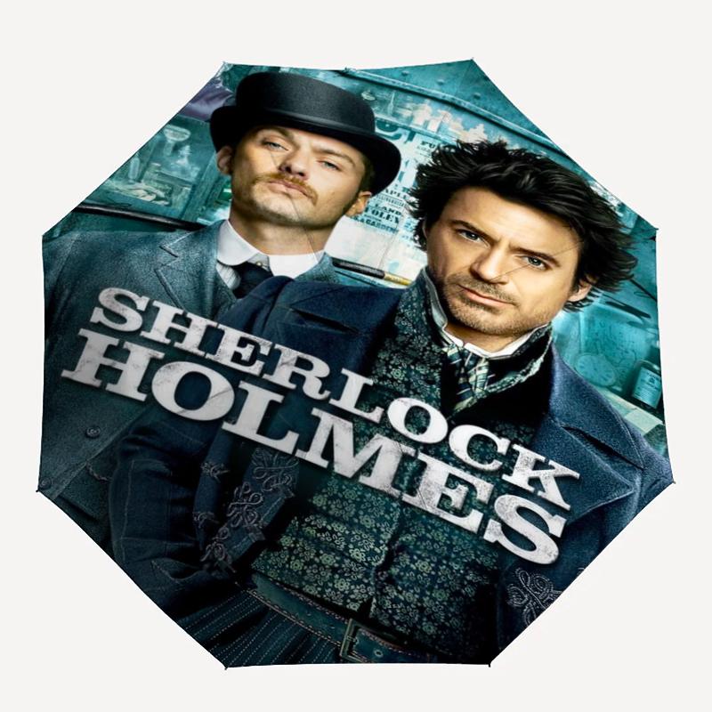 Sherlock Holmes Thema Automatischer Regenschirm, Leicht & Tragbar, 8 Speichen, Perfekt für Reisen im Freien, Geburtstage, Weihnachten, Geschenke.