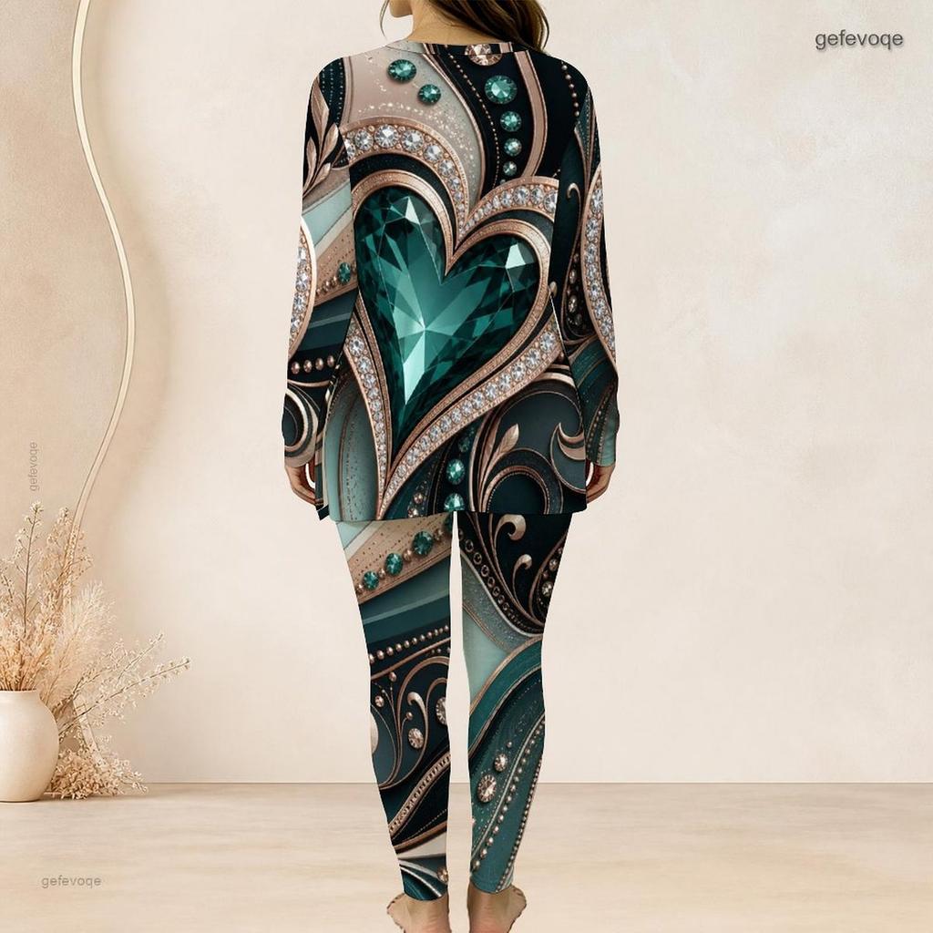 Women Plus Size Two Piece Pants Set Half Zip Long Sleeve Black Gold Printed Longline Top Fitted Pants
