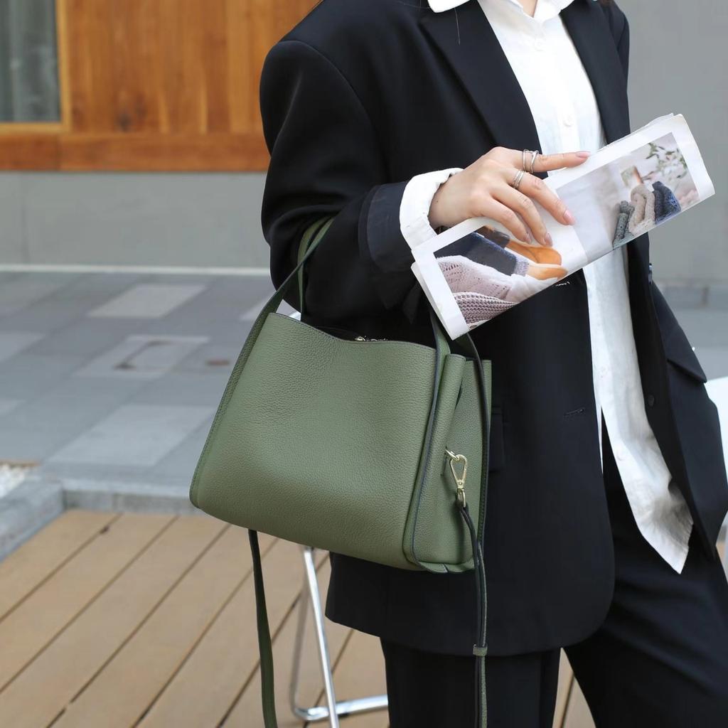 Genuine Leather Hand-held Vegetable Basket New Fashionable Temperament Women's Bucket Bag Togo Cowhide Shoulder Crossbody Bag