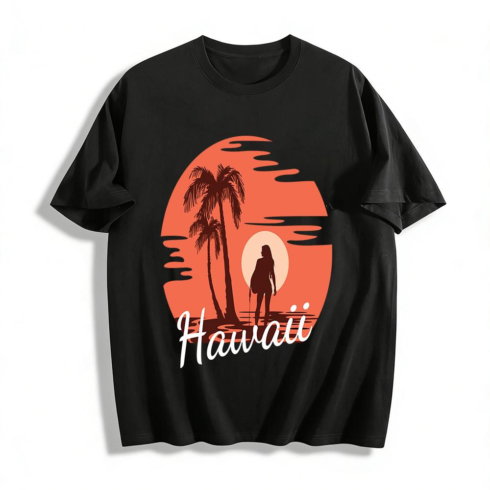 

Hawaii Vacation Coconut Tree Sunset Surfer Girl Graphic Tee Pure cotton T-shirt XXS
