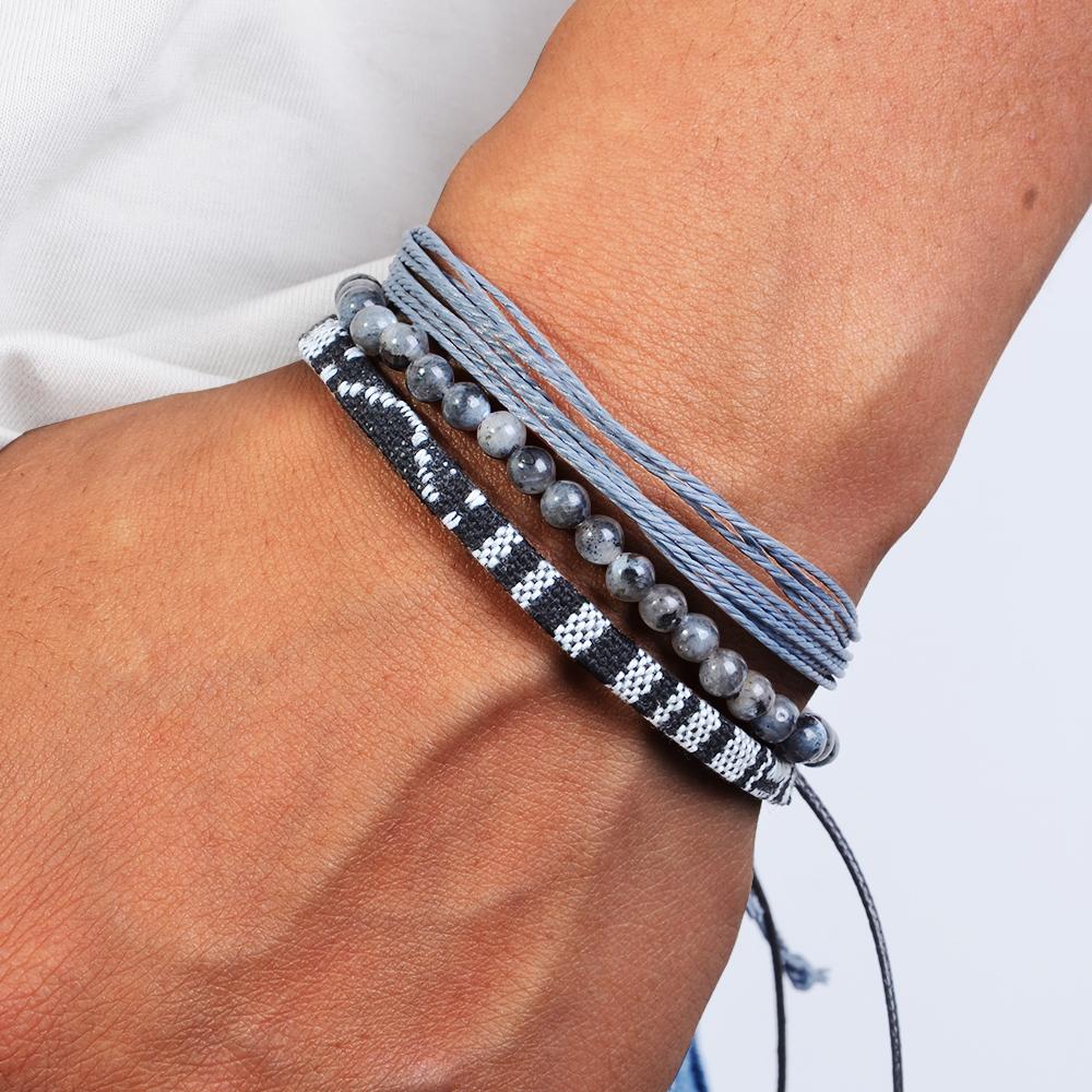 3pcs/set Men's Braided Bracelet Set, Natural Stone Couple's Bracelet, Bohemian Ethnic Cotton and Linen Hand-woven Bracelet
