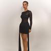 European & American Solid Color Mesh Ribbon Splice Sexy Slim-Fit Hip-Hugging Long Sleeve Dress