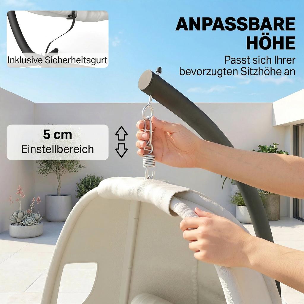 Hanging Chair with Frame, Foldable Hanging Basket with Thick Seat Cushions Adjustable Height Safety Belt Up To 120 Kg