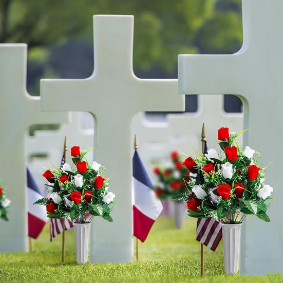 2 Pcs Artificial Cemetery Flowers Outside Fake Red White Rose with Long Nail Vase Memorial Flower Bouquet for Cemetery Headstone Graveyard Decor
