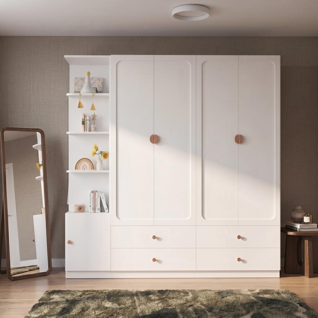 Large Wardrobe, White, 200 x 225 x 45 cm, with 3 Clothes Rails, 4 Drawers, Storage Space, for Bedroom, Children's Room, Hallway & Office