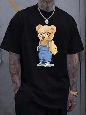 Camiseta de Algodón de Manga Corta con Estampado Gráfico de Oso de Dibujos Animados, Unisex de Verano, Informal, Corte Holgado, Ropa para Hombres y Mujeres