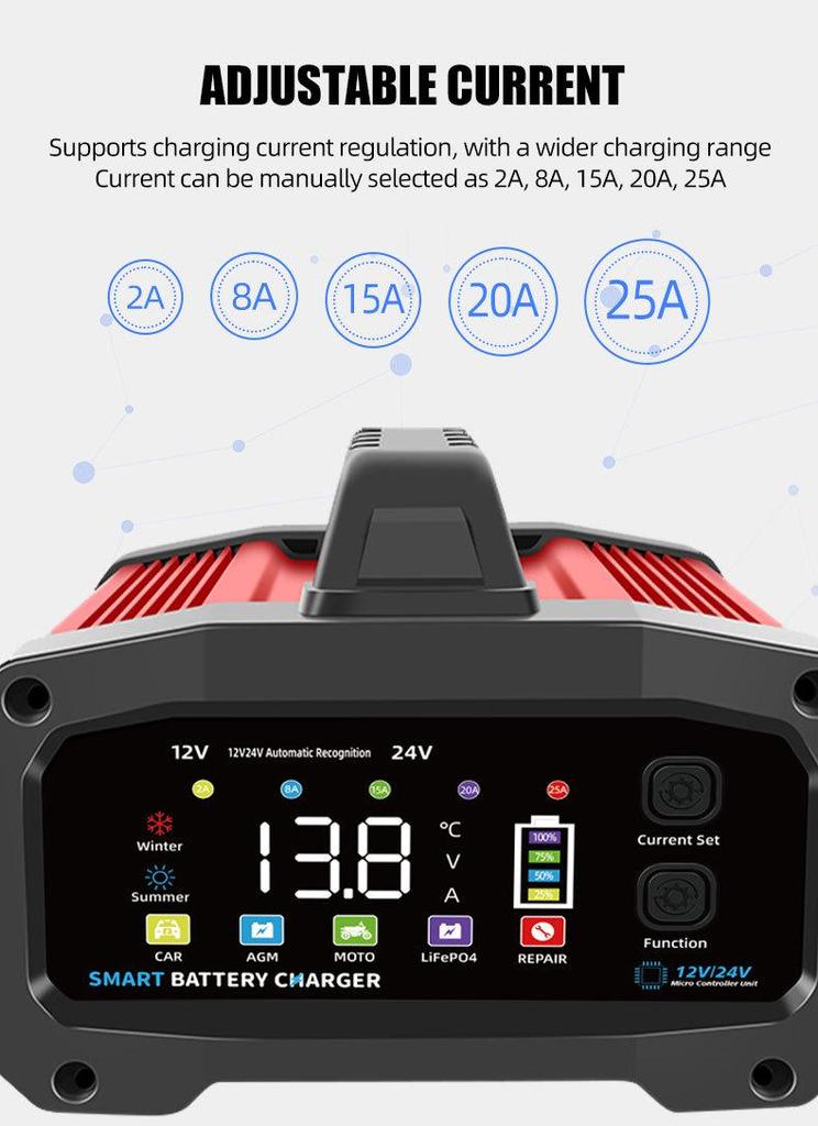 High Power 25A Smart 12V/24V Car Motorcycle Battery Charger