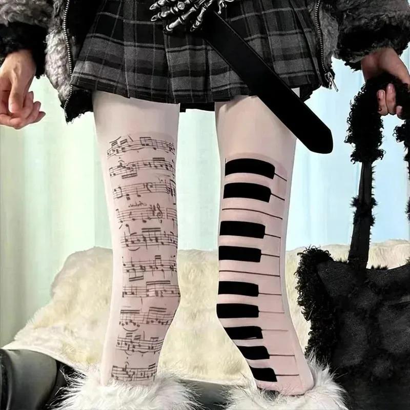 2000S Emo Style Tights Y2K Themed White Leggings with Piano Note Prints Harajuku Style Tights Cute Cosplay Socks
