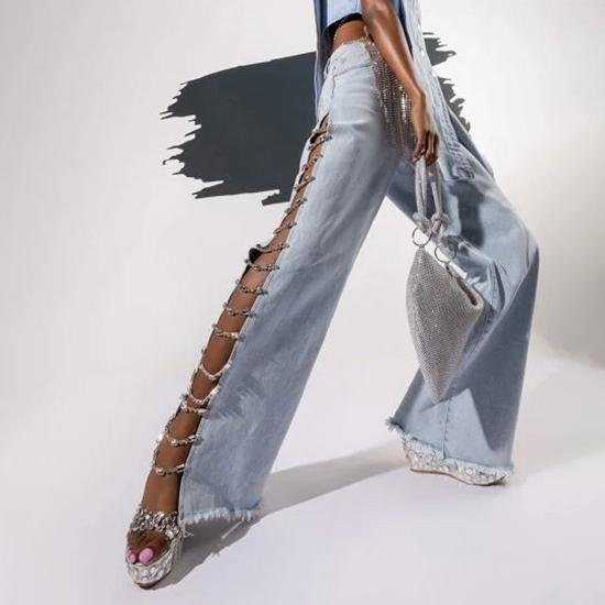 Drill Chain Long Spice Girls Jeans Thin Women Summer Design Side Split Casual Loose Straight Trousers