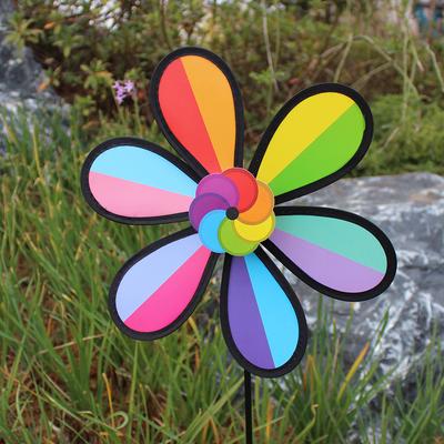 Moulin à vent d'extérieur arc-en-ciel à six couleurs avec piquet noir, décoration de jardin, de pique-nique, de fête
