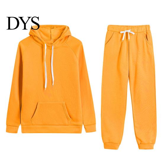 Women Casual Sports Suit 2 Pcs/Set Hoodie Pants Solid Color Plush Long Sleeves Thick Kangaroo Pocket And Leggings Top Elastic Waist Ankle-banded