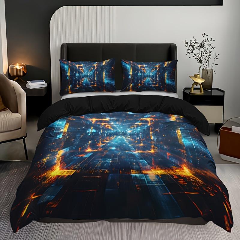 Tech Space Plaid Duvet Cover Set Breathable Polyester Machine Washable Perfect for All Seasons High-definition Print Bedding Set