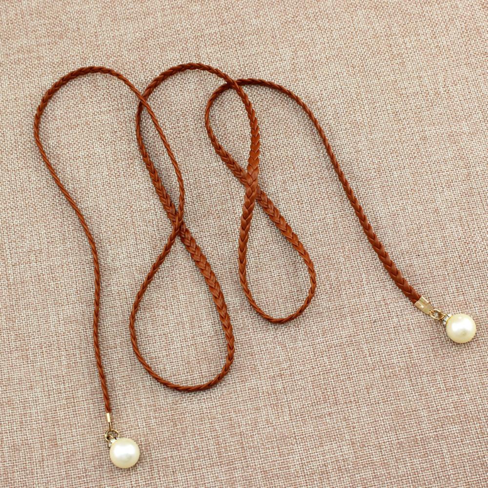 Korean Version Woven Thin Belt Women's Versatile Decorative Waist Rope Women's Sweet Dress Knotted Skirt Pearl Waist