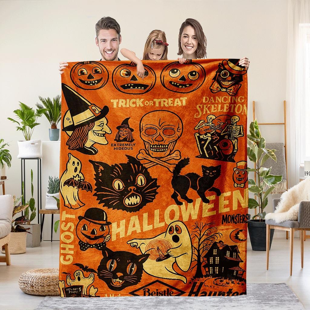 Halloween pumpkin monster bat Printed Blanket for Sofa Bed Travel Camping Living Room Office Conditioning Blanket