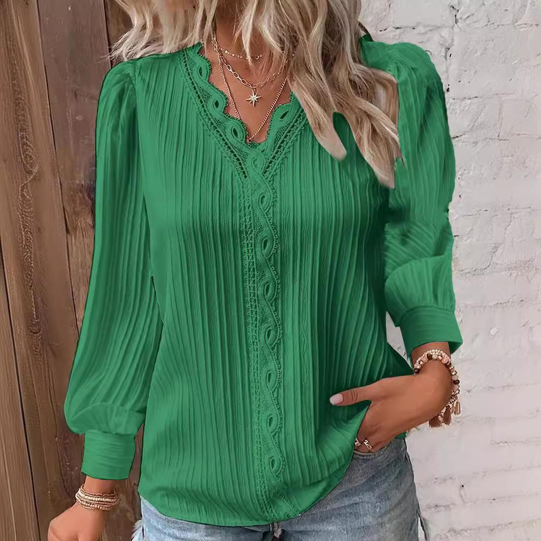 

Autumn Long-sleeved V-neck Lace Splicing Shirt Blouse Women s Clothing S білий