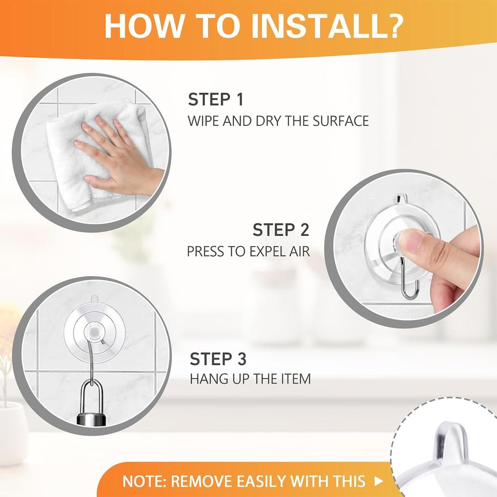 KORCCI Suction Cup Hooks 12Pack - Max Load 10LB, 1.77Inch Clear Medium Suction Cups, No Trace, Reble & Removable, Stainless Steel Hooks, for Tile,