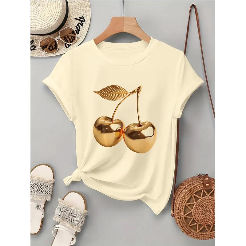 Funny Golden Cherry Print Casual Short Sleeve TShirt Women Graphic Gothic Tees Tops Y2k 90s Womens Crew Neck T Shirt Clothes