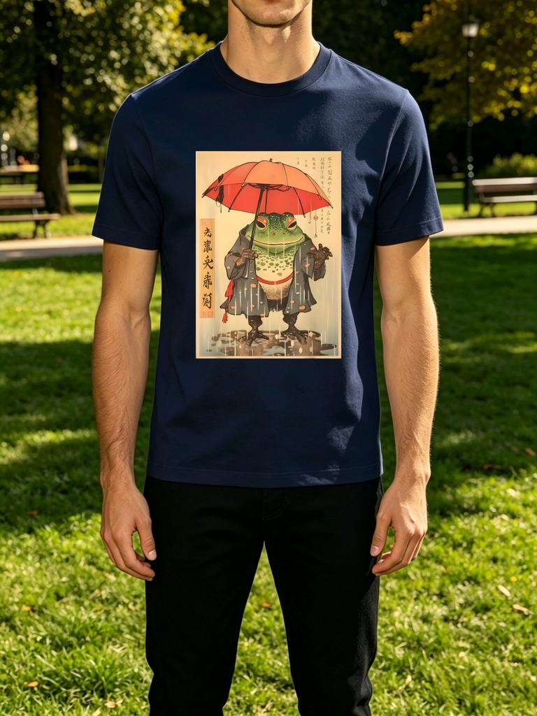 Classic Ukiyo E Rain Frog With Red Umbrella Retro Art Unisexs Crew Neck Short Sleeve Tee Casual Street Daily Soft Basic Wear Top