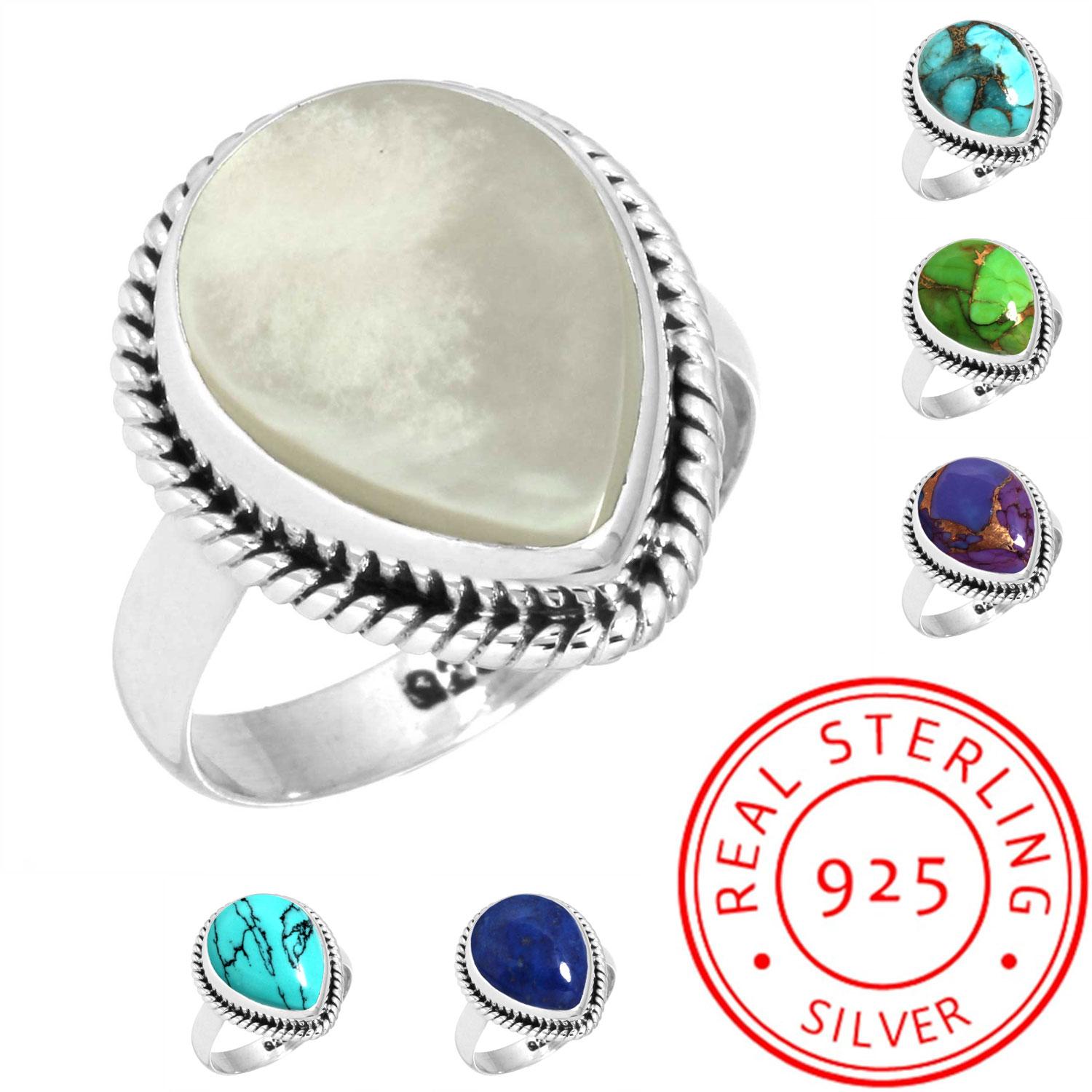

925 Sterling Silver Ring Women Gemstone Handmade Jewelry Thanksgiving Gift Blue Green Purple Copper Turquoise Pearl Lapis Mother Of Pearl Cocktail 8 мать жемчужного