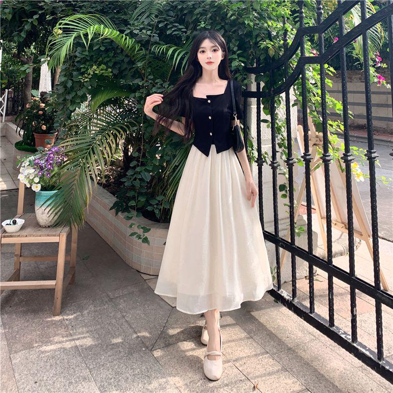 

Plus Size Women s Waist-Cinched Slimming Dress - Two-Piece Look, Belly Concealing Summer Skirt Dress XL [Recommended for 50-60 kg]