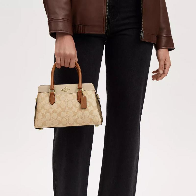 Coach Darcie 26 Logo Color Block Coated Canvas And Leather Shoulder Crossbody Tote Bag Medium Women handbags Khaki CS553-IMWQ4