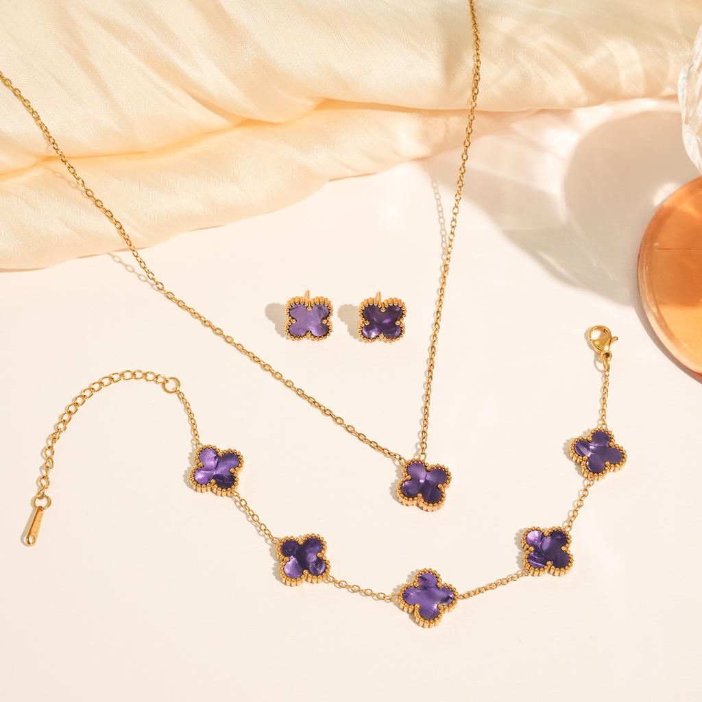 3PCS titanium steel non fading double-sided four leaf flower set necklace bracelet earrings three piece set