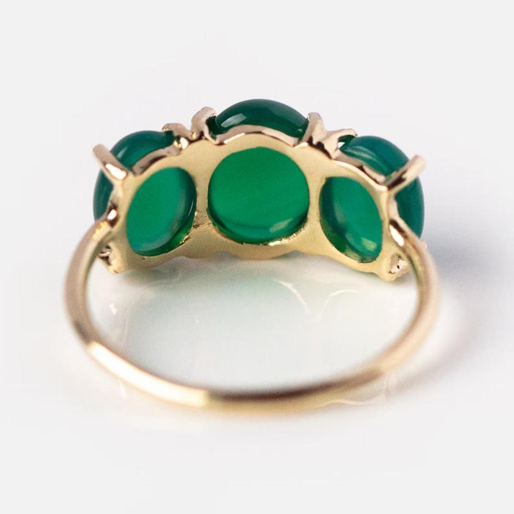 Green Onyx 3 Stone Ring – Oval Cabochon Gemstone Ring In Gold Plated Band, Vintage Style Statement Jewelry Gift for Women