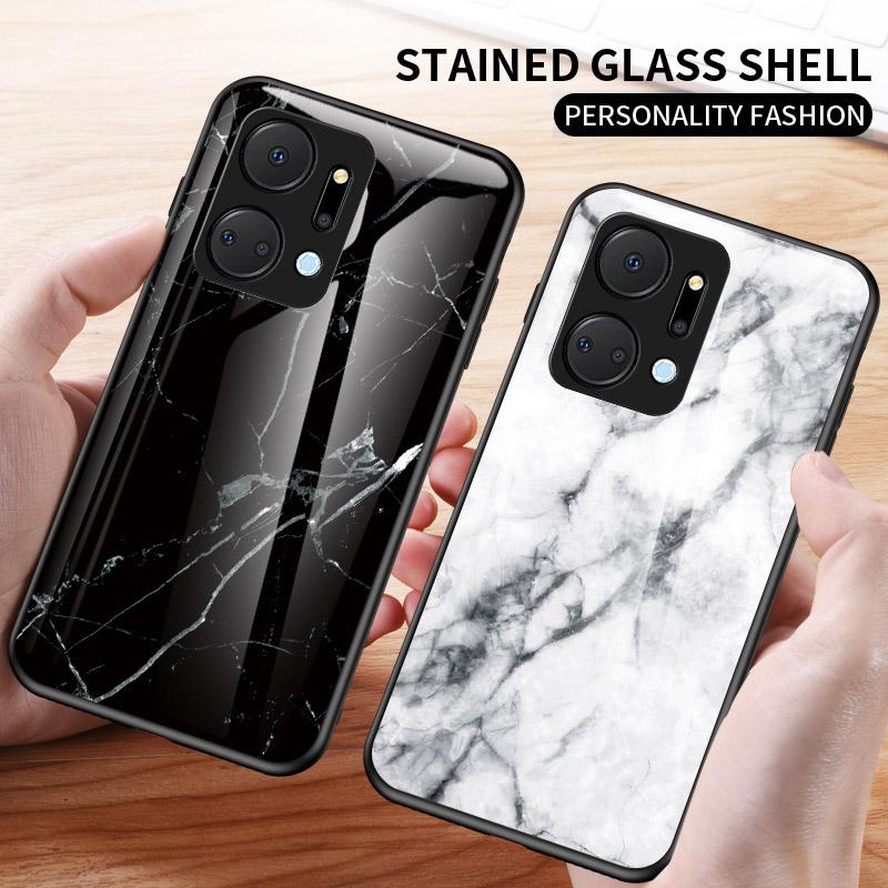 Cell Phone Case for Honor X7a 5G,Marble Pattern Tempered Glass+PC +TPU Phone Cover