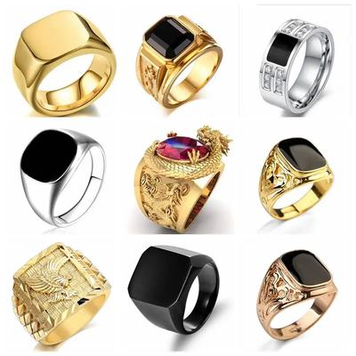 Anillos de Sello Cuadrados para Hombres Colección Estilo Punk Color Dorado Ancho Anillo Biker Fiesta Boda Joyería Al por Mayor