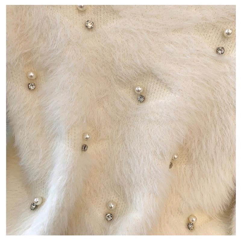 Autumn Winter Women Sweet V-neck Soft Furry Mohair Beading Knitted Sweater Christmas Short Pullover Tops