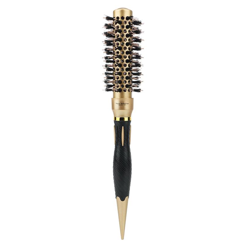 Gold Cross Tail Aluminum Ceramic Roller Comb for Fluffy Curls - Heat-Resistant Boar Bristle Styling Comb