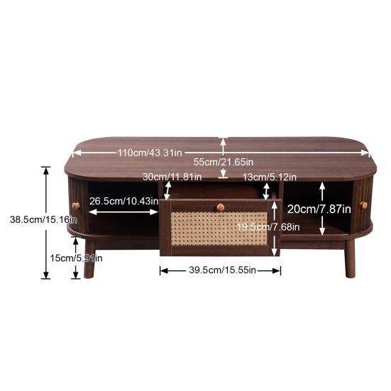 Couchtisch, Rattan-Couchtisch, Schubladen mit Rattan und Schiebetüren mit Massivholzleisten, Beine aus Massivholz, Natürlicher Landhausstil