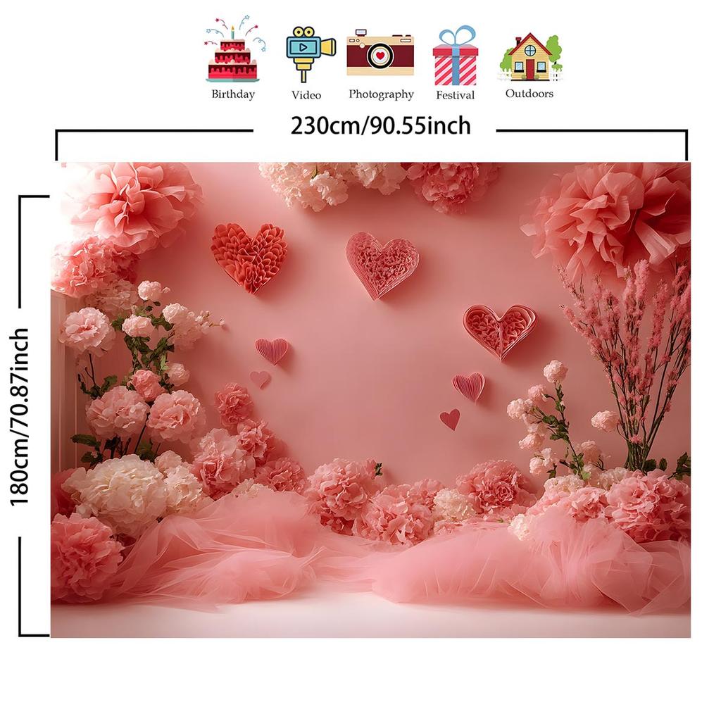 2D flat 1pc pink floral heart balloon wreath background, Valentine's Day, Mother's Day, graduation ceremony, wedding