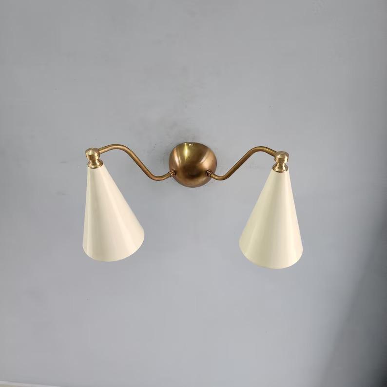 Double Cone Brass Wall Sconce: Mid-Century Modern Light with Ivory Shades