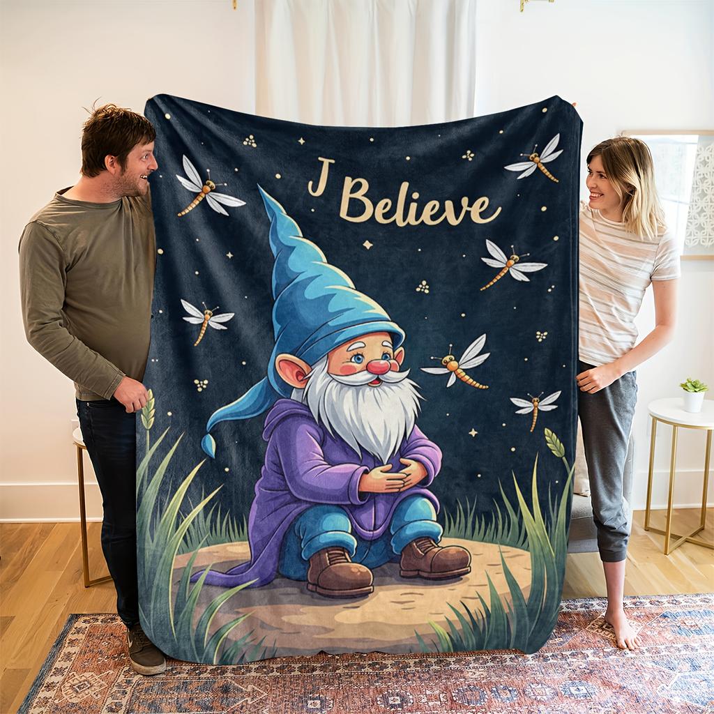1pc Cozy Gnome & Fairy Magical Forest Fleece Blanket - Soft Polyester All-Season Bedspread with Glowing Fairy Lights & Joll